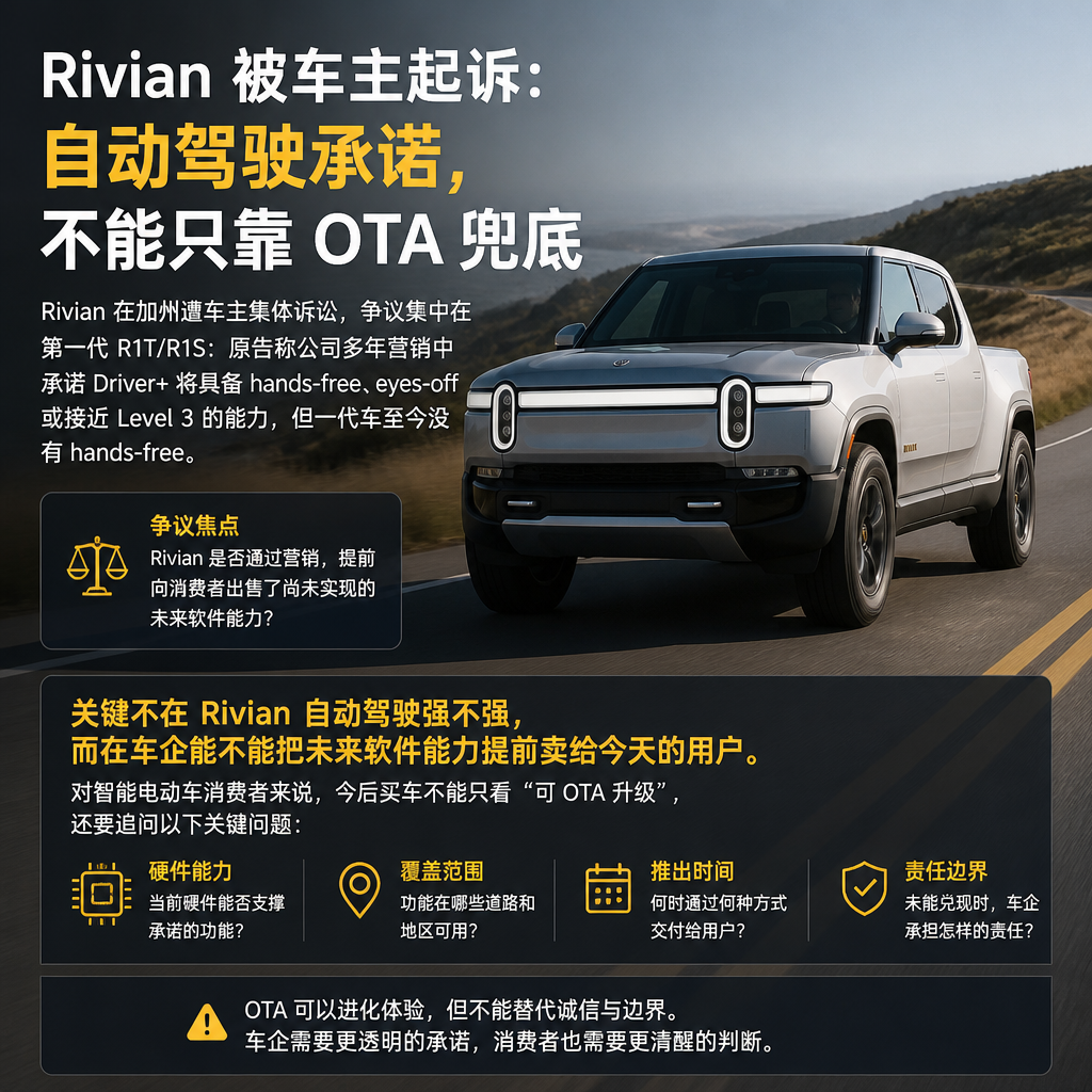 Rivian 被车主起诉：自动驾驶承诺，不能只靠 OTA 兜底